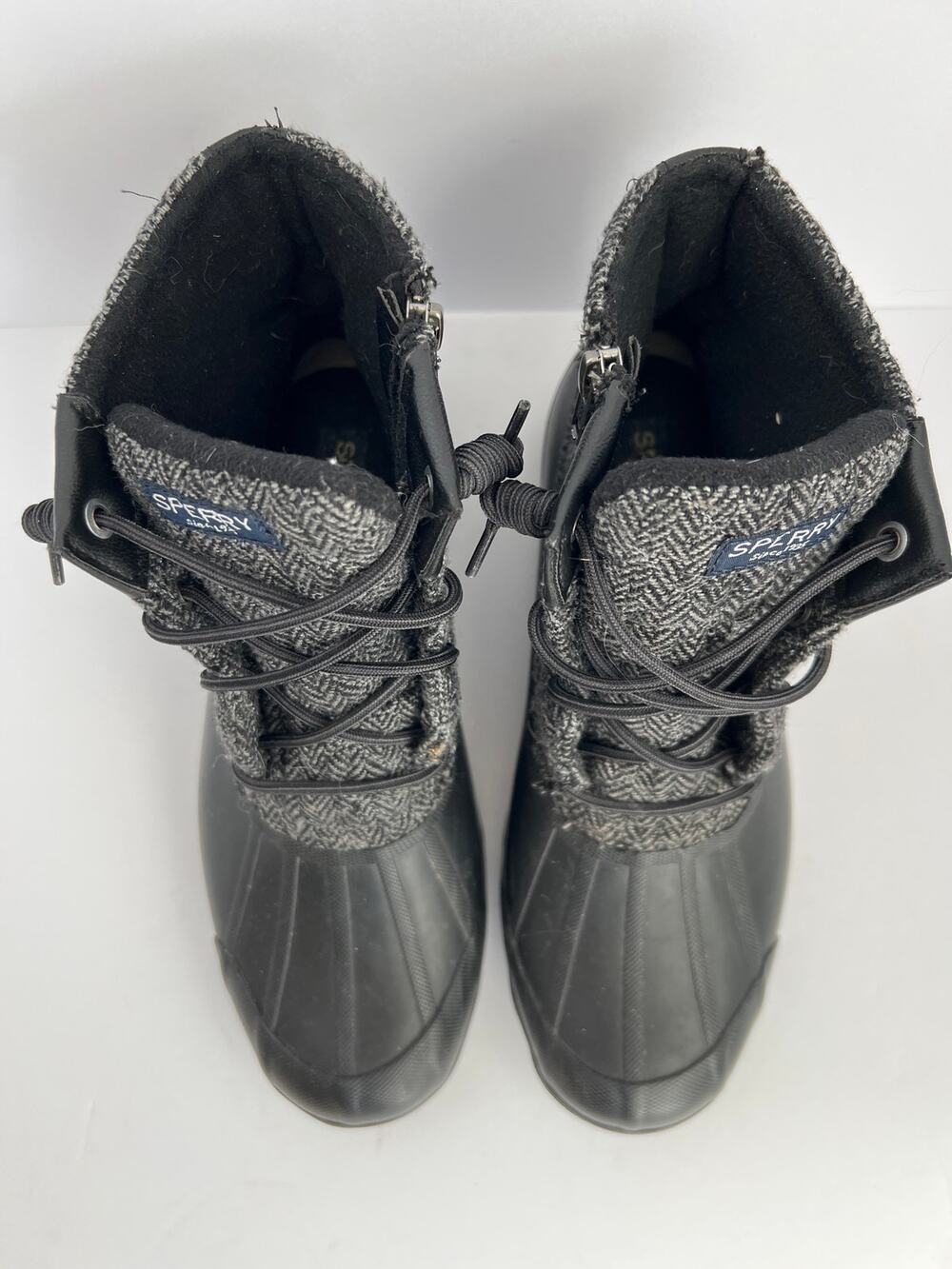 Sperry Top-Sider Saltwater Black Wool Herringbone Waterproof Duck Boots Size 8.5